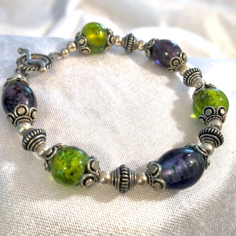 Handmade Green & Purple Glass Beaded Bracelet with Toggle Clasp